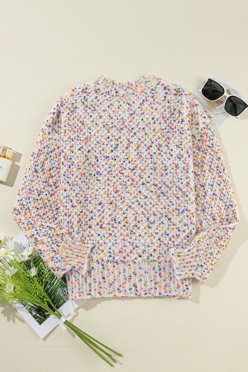 White Colorful Confetti Knit Lantern Sleeve Sweater