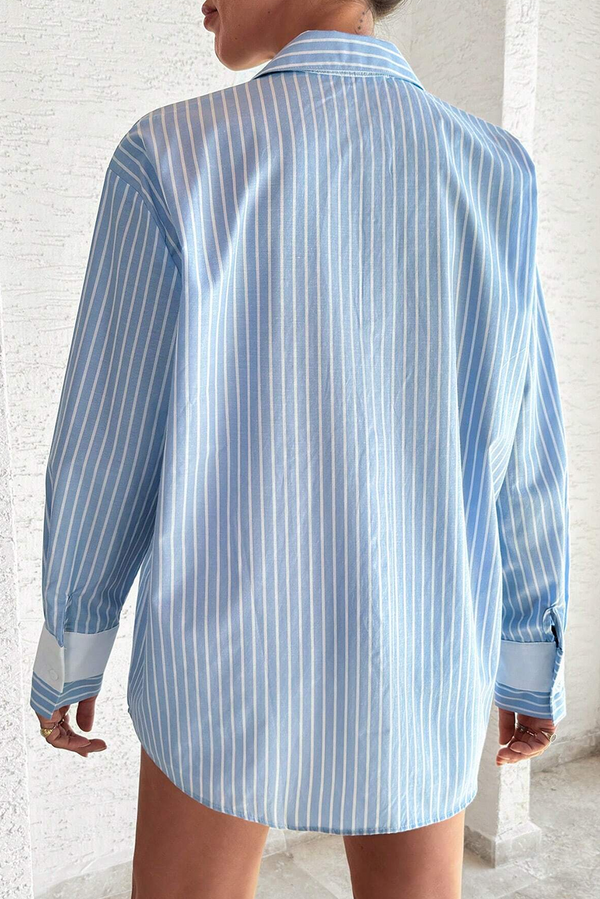 Sky Blue Stripe Contrast Patch Pocket Casual Shirt