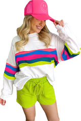 White Colorful Striped Round Neck Long Sleeve Top