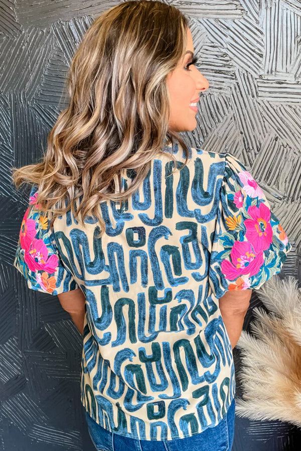 Blue Abstract Print Plus Size Floral Puff Sleeve Blouse
