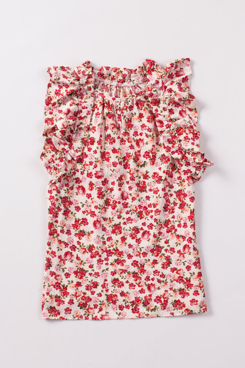 Red Boho Floral Print Ruffled Mock Neck Sleeveless Shirt