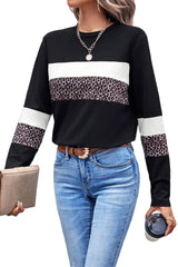 White Leopard Colorblock Patchwork Crew Neck Top