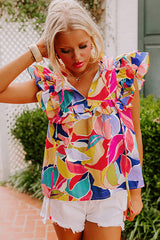 Pink Abstract Print Ruffle Flutter Sleeve Split V Neck Blouse