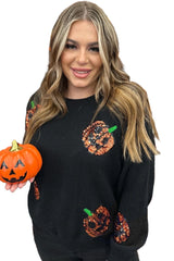 Black Halloween Sequin Pumpkin Pattern Plus Size Sweater