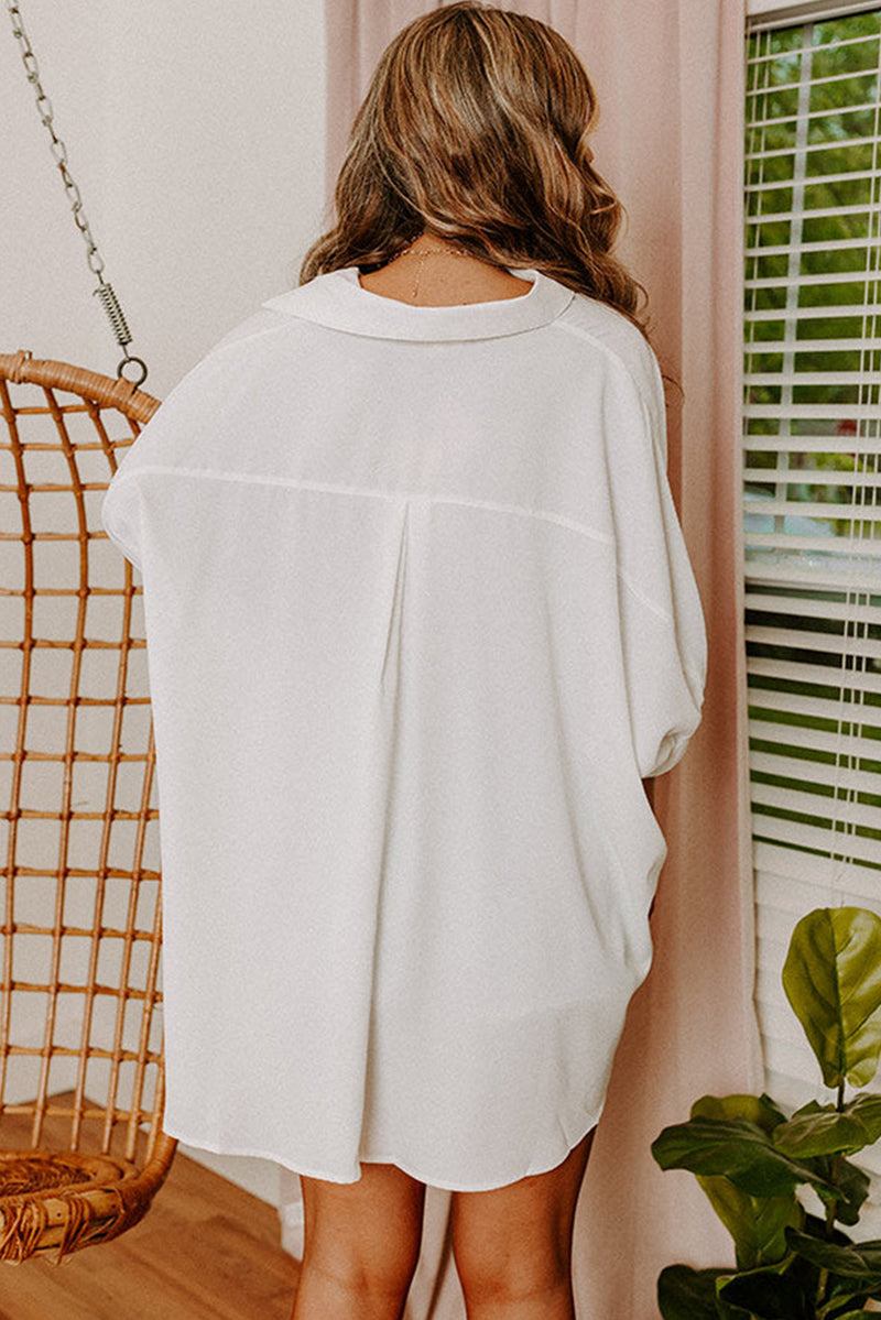 White Plain 3/4 Batwing Sleeve Oversize Button Up Blouse