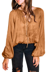 Camel V Neck Pleated Lantern Sleeve Blouse