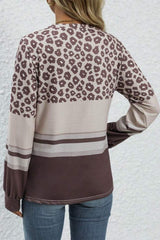 Brown Leopard Striped Color Block Long Sleeve Top