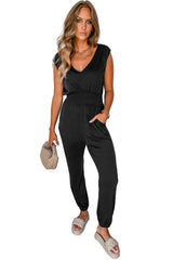 Black Shirred High Waist V Neck Sleeveless Jumpsuit