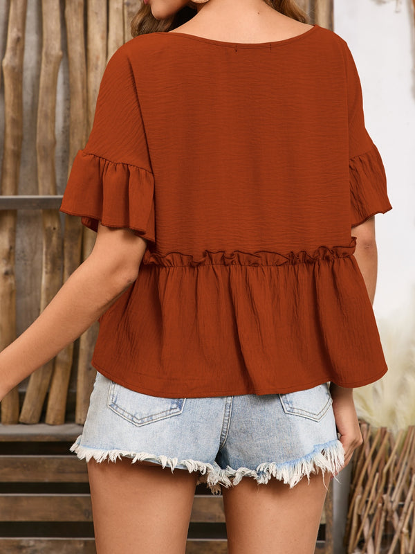 Frill Decorative Button Round Neck Half Sleeve Blouse