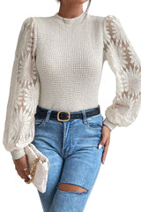 Beige Sunflower Mesh Long Sleeve Waffle Knit Top