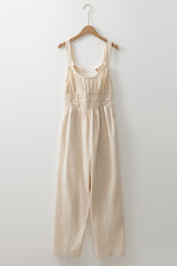 Beige Ruched High Waist Sleeveless Wide Leg Jumpsuit