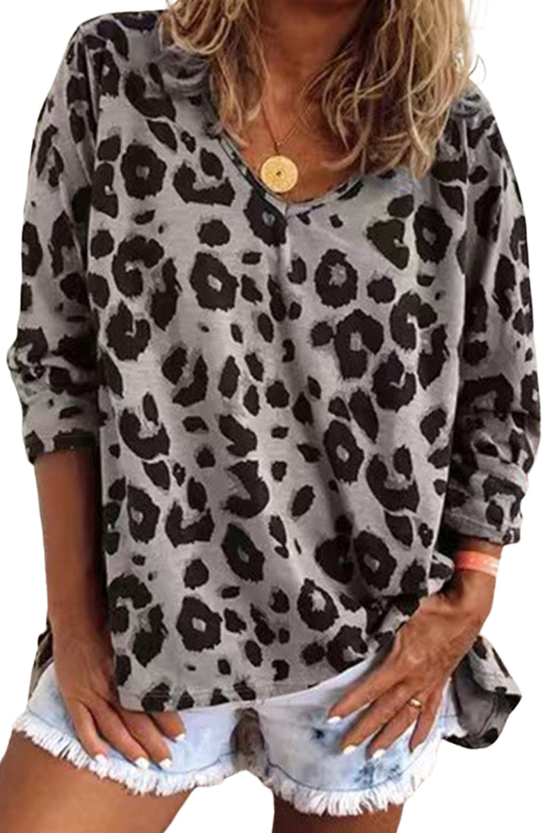 Brown Leopard Split V Neck Long Sleeve Shirt