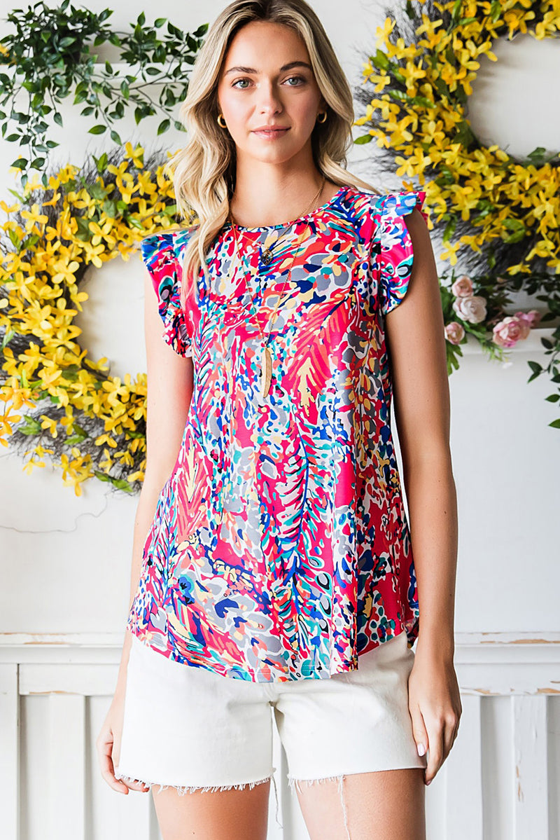 Rosy Boho Abstract Print Ruffle Babydoll Sleeveless Shirt