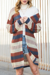 Black Striped Color Block Casual Hollow Cable Knit Cardigan