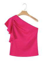 Strawberry Pink Asymmetric Shoulder Ruffle Sleeveless Blouse