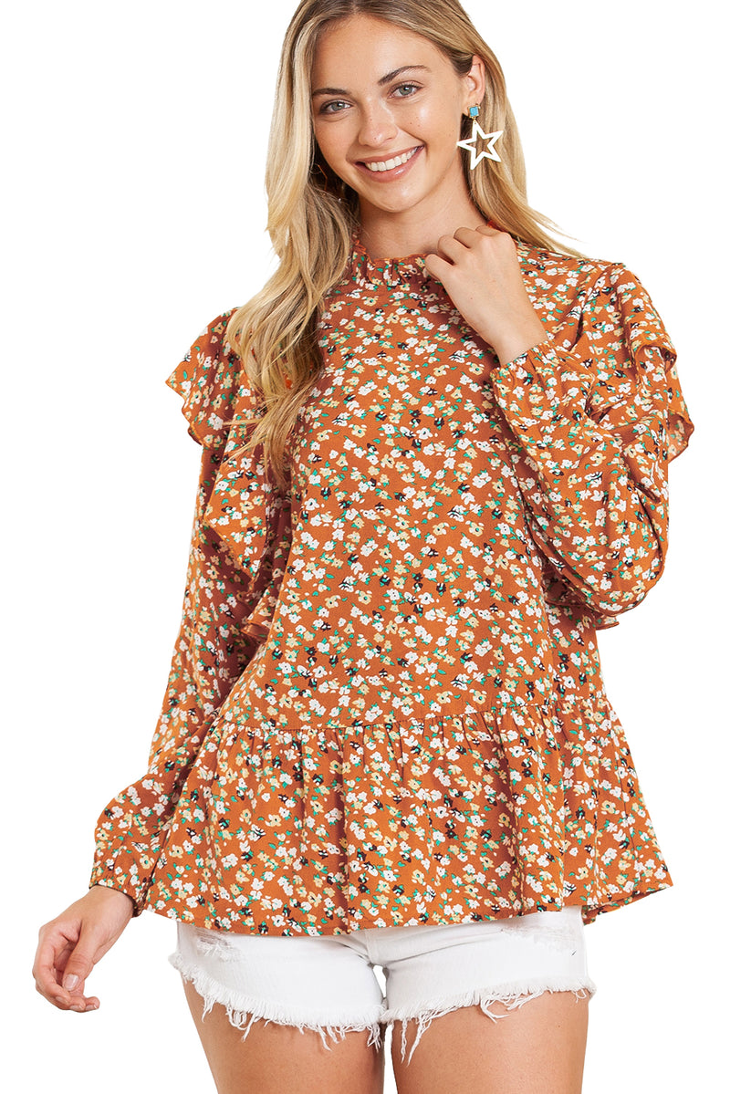 Orange Ditsy Floral Boho Ruffle Long Sleeve Blouse