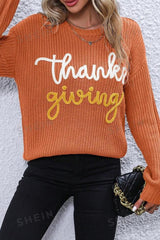 Red Sandalwood Thanksgiving Letter Graphic Crew Neck Sweater