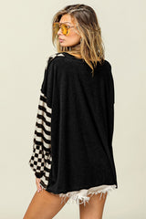 Black Checkered Striped Patchwork Lantern Sleeve Top