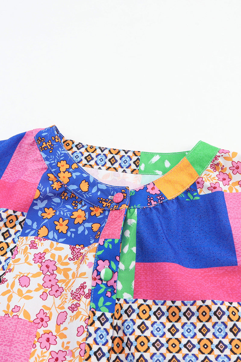 Multicolor Floral Patchwork Buttoned Puff Sleeve Shirt