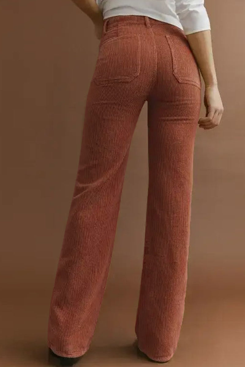 Brown High Waist Pockets Corduroy Flare Leg Pants