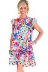 Multicolour Vibrant Floral Print Cap Sleeve Frill Dress