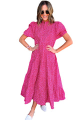 Rose Red Mock Neck Puff Sleeve Floral Tiered Maxi Dress