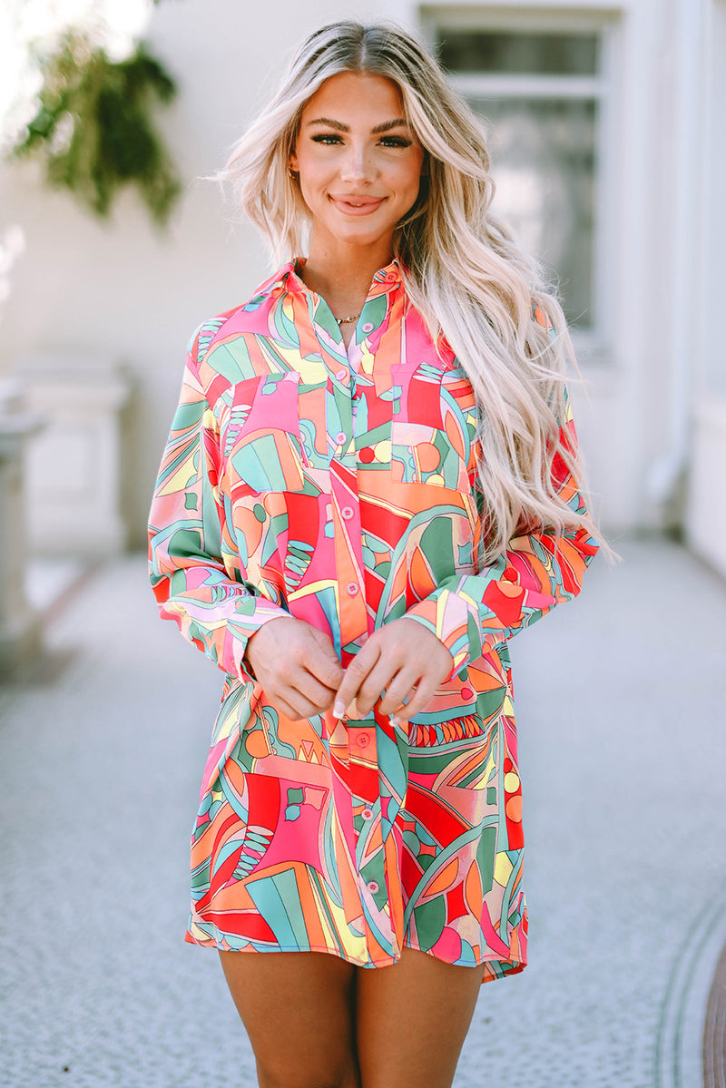 Multicolor Abstract Print Long Sleeve Shirt Dress