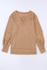 Apricot Lace and Waffle Knit Crisscross Straps V Neck Long Sleeve Top