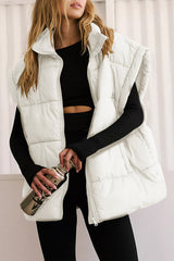 Beige Solid Zipper Stand Neck Oversized Puffer Vest