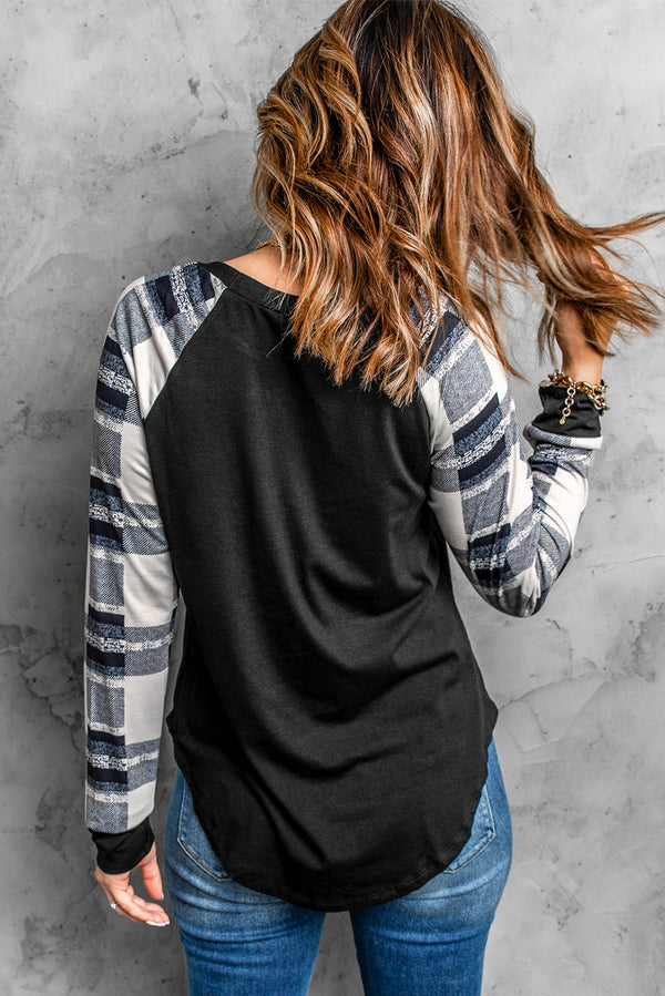 Monochrome Plaid Long Sleeves Black Pullover Top