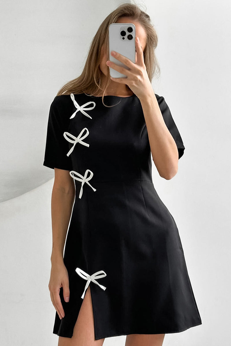 Black New Chinese Style Round Neck Bow Short Dress