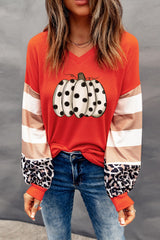 Red Polka Dot Pumpkin Print Leopard Stripe Colorblock Top