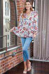 Floral Print Split V Neck Puff Sleeve Tunic Top