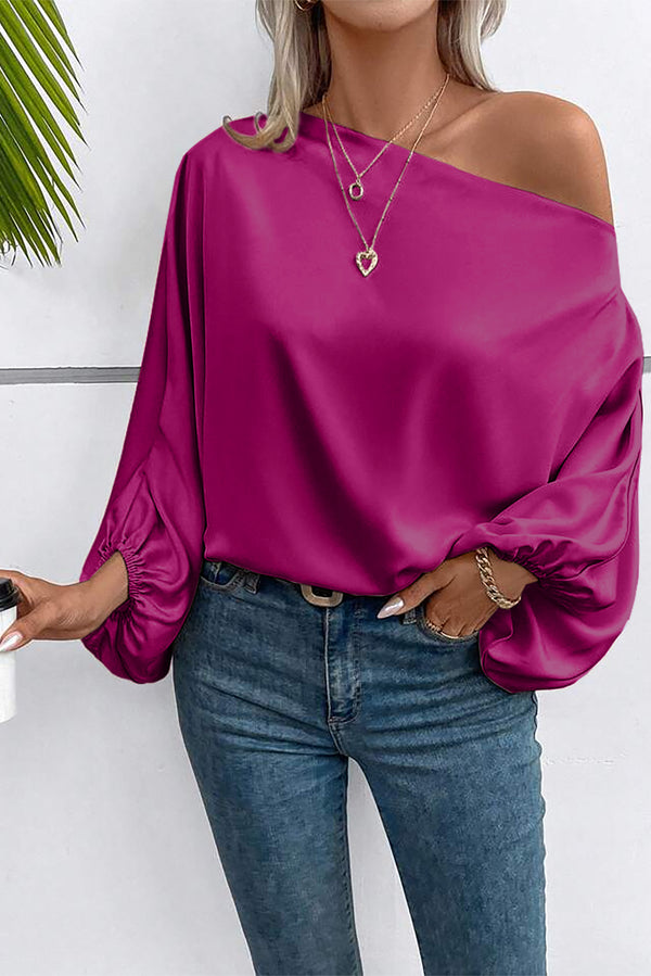 Bright Pink Solid Color Asymmetrical Neck Lantern Sleeve Blouse