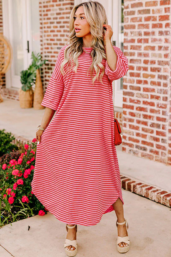 Strawberry Pink Striped Drop Sleeve Loose Dress