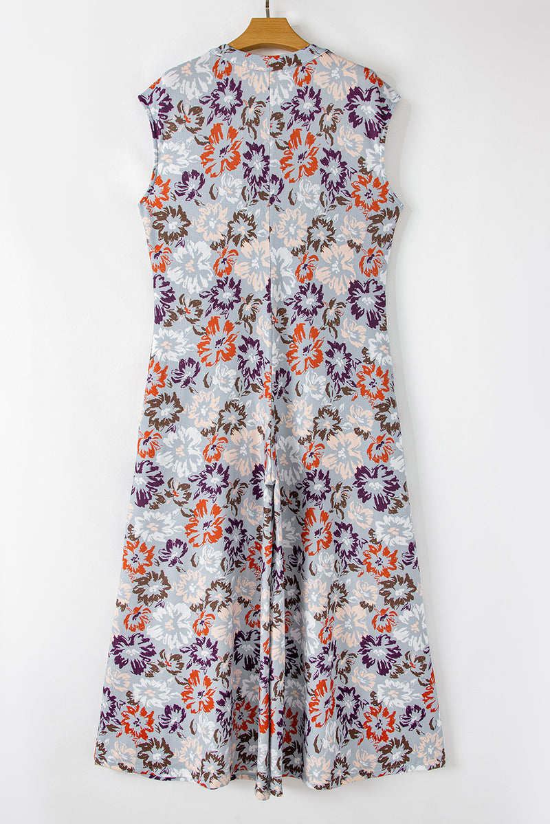 Sky Blue Floral Sleeveless Pocketed Wide Leg Jumpsuit