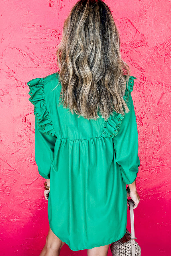 Bright Green Embroidered Ruffle Trim 3/4 Sleeve V Neck Mini Dress