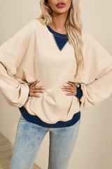 White Color Block Drop Shoulder Crewneck Oversized Sweatshirt