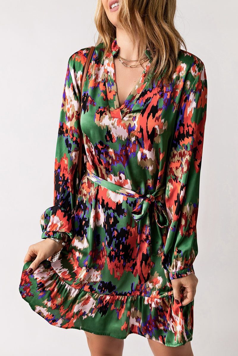 Abstract Print Waist Belted Flounce Hem Split V Neck Long Sleeve Dress