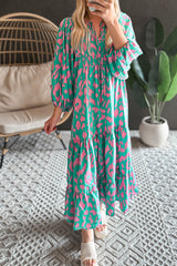 Green Abstract Print Puff Sleeve Smocked V Neck Maxi Dress