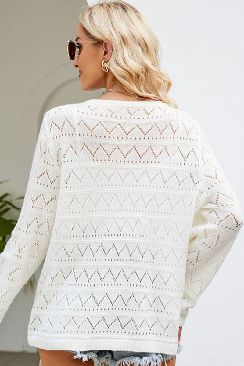 White Knit Hollow Out Round Neck Long Sleeve Top