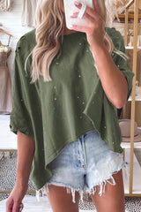 Green Half Sleeve Distressed Asymmetrical Top