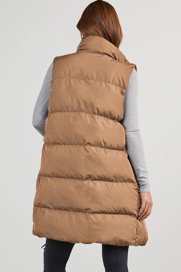 Coffee Quilted Pocketed Long Puffer Vest Coat