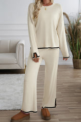 Apricot Contrast Trim Split Cuffs Round Neck Top and Pants Set