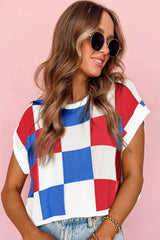 Dark Green Checkered Color Block Cap Sleeve Knitted Top