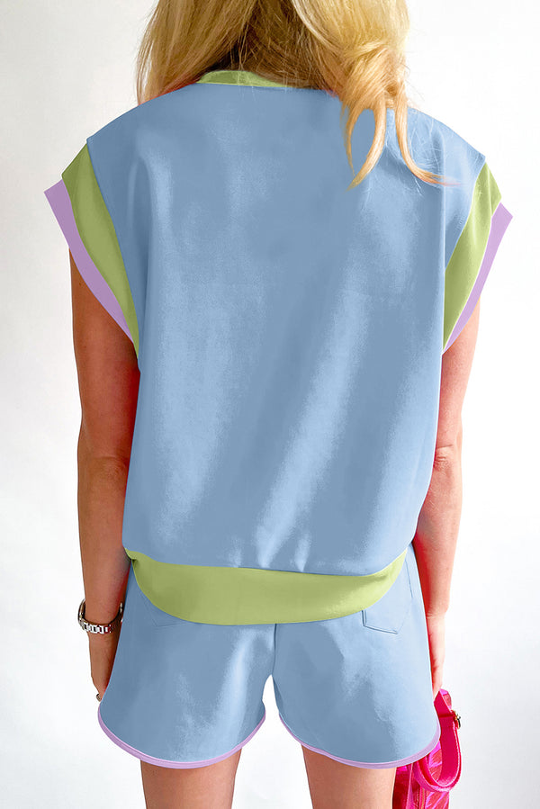 Blue Color Block Loose Fit Top and Elastic Waist Shorts Set