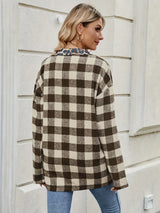 Leopard Trim Plaid Collared Neck Long Sleeve Shirt