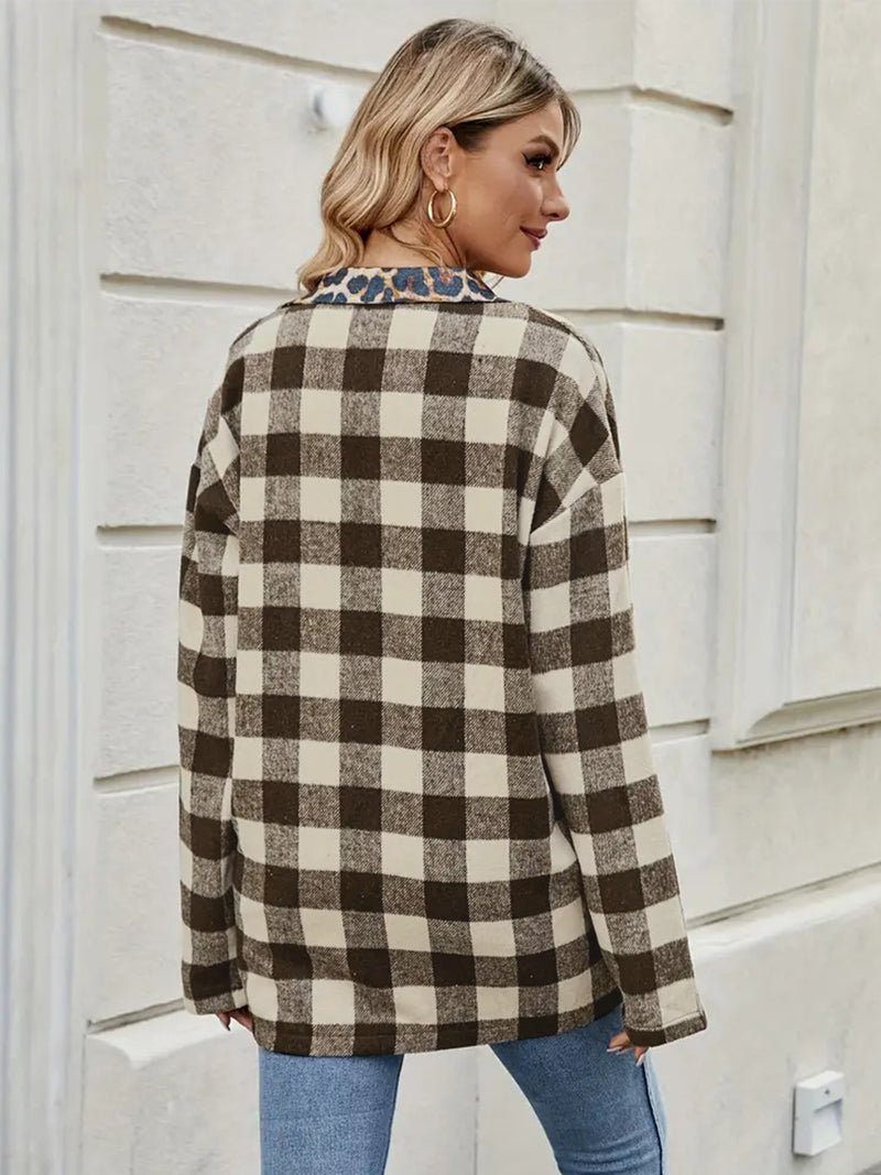 Leopard Trim Plaid Collared Neck Long Sleeve Shirt