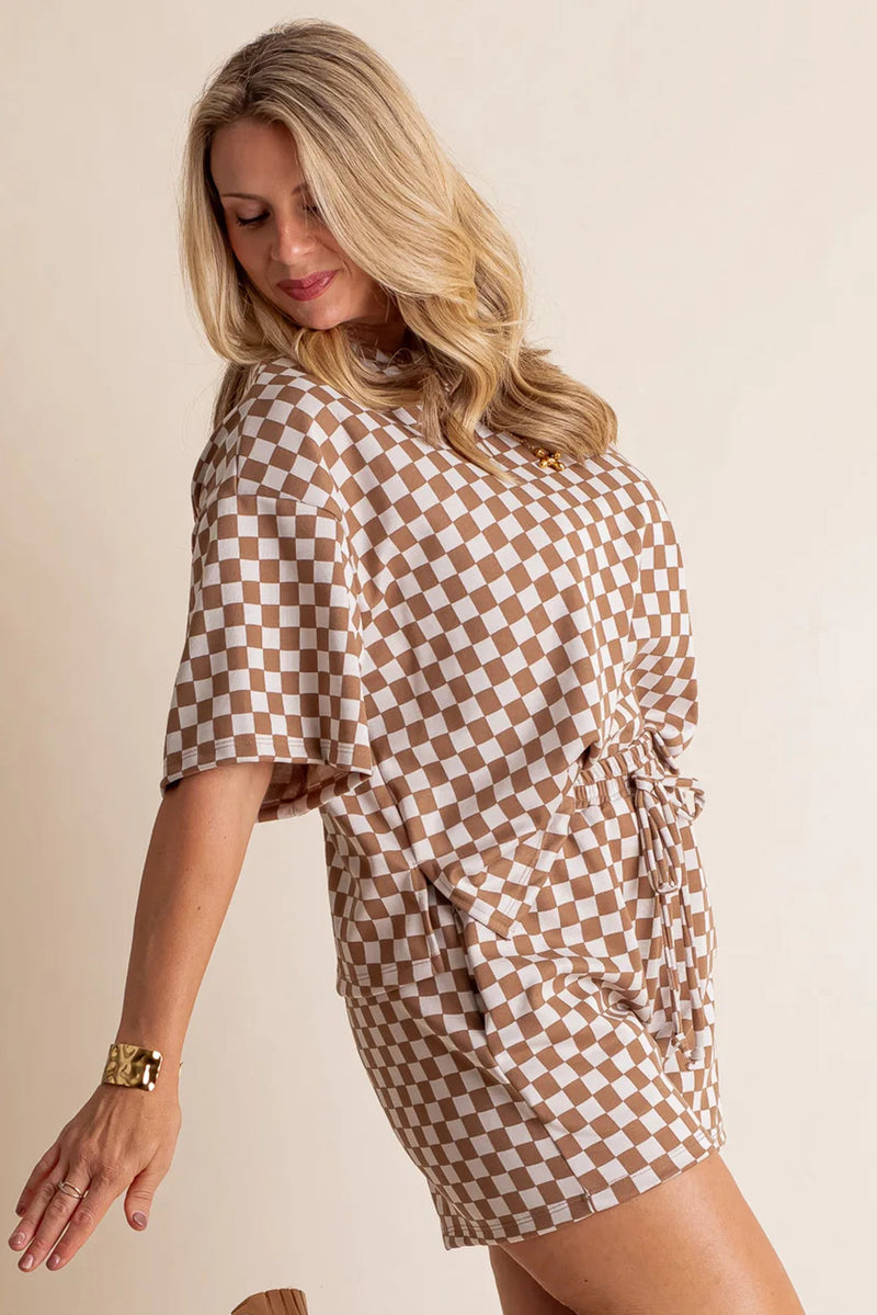 Brown Plus Size Checkerboard Print Side Slit Tee and Shorts Set