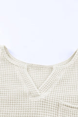 Beige Split V Neck Patch Pocket Waffle Knit Long Sleeve Top